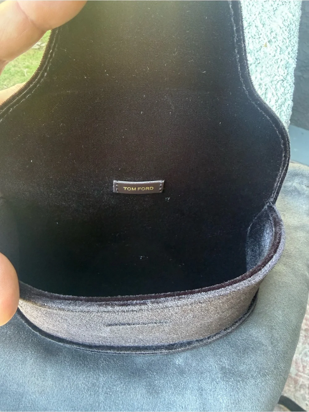 Tom Ford gray Suede faux Dust Bag with large black sunglasses case